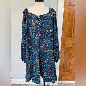 Suzanne Betro Dress Teal floral Print long sleeve, ruffled hem Square neck SZ 1X